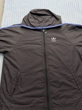 adidas Black Hooded Windbreaker with Blue Shoulder Piping